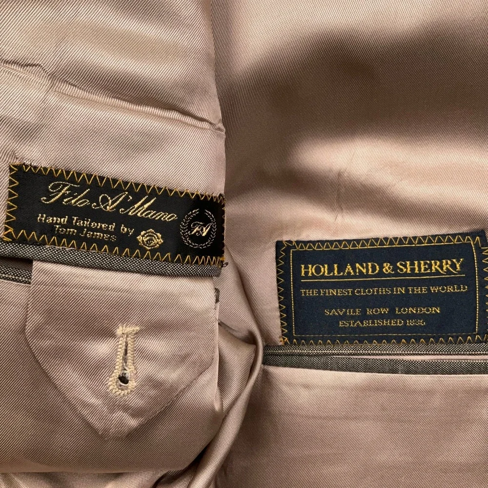 Tom James Suit Men 48R 40W Gray Pinstripe Bespoke Filo A Mano Holland Sherry